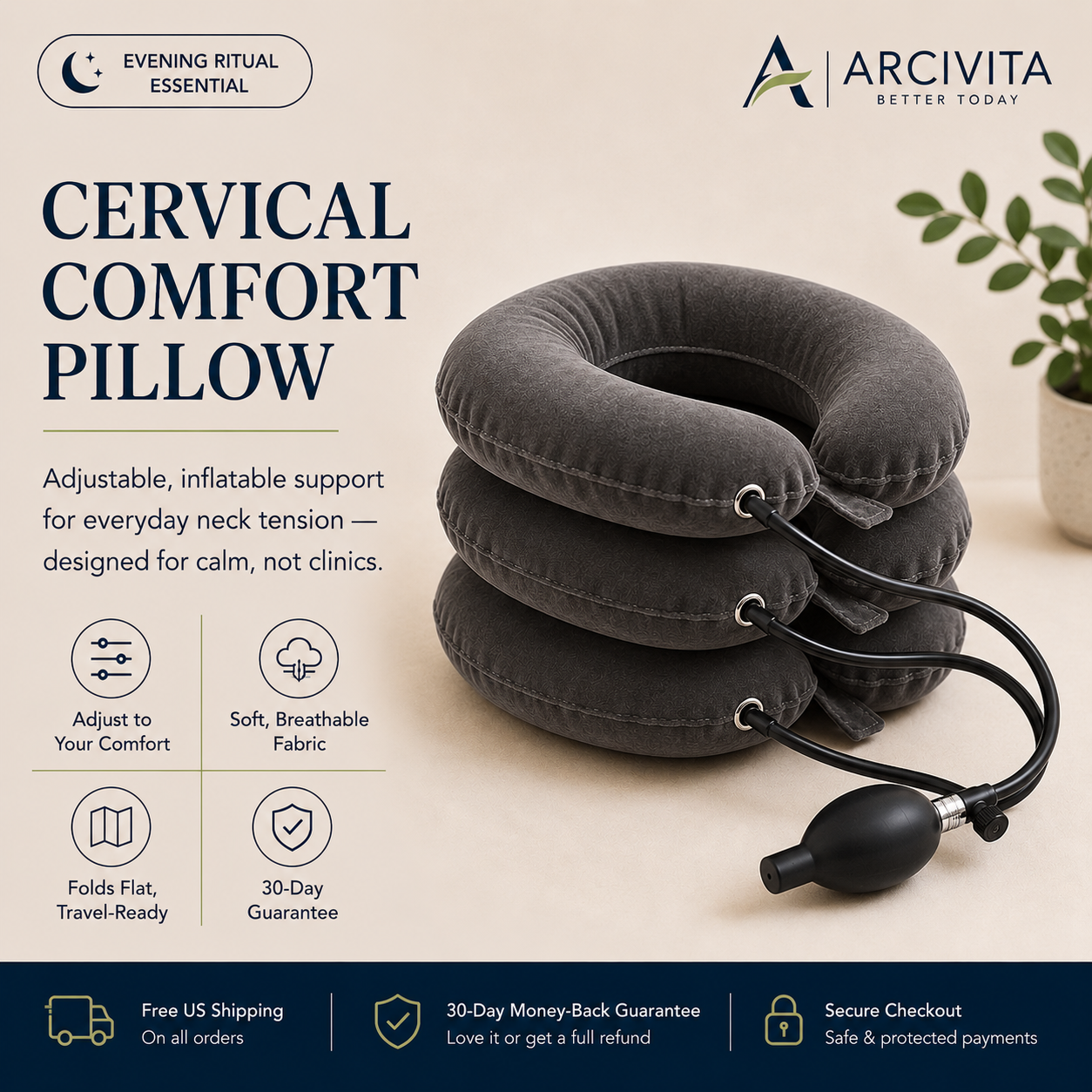 ARCIVITA Cervical Comfort Pillow inflatable neck support pillow with adjustable 3-layer design
