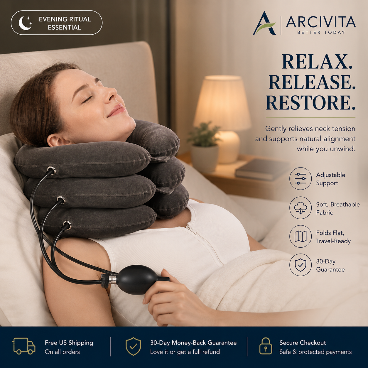 Woman relaxing in bed using ARCIVITA Cervical Comfort Pillow inflatable neck support pillow