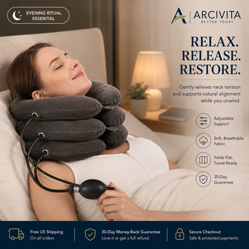 Woman relaxing in bed using ARCIVITA Cervical Comfort Pillow inflatable neck support pillow