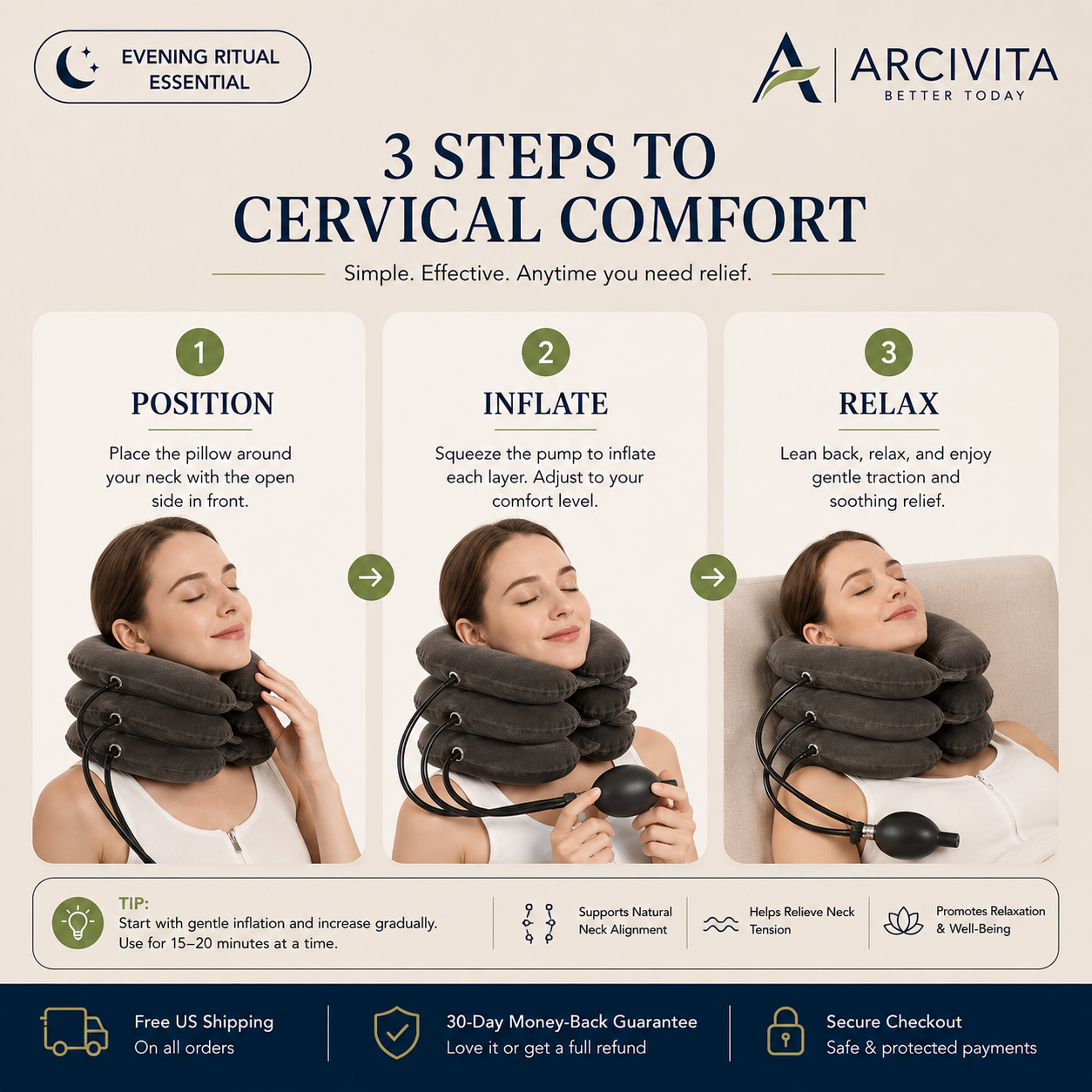 How to use the ARCIVITA Cervical Comfort Pillow in three simple steps: position, inflate, and relax