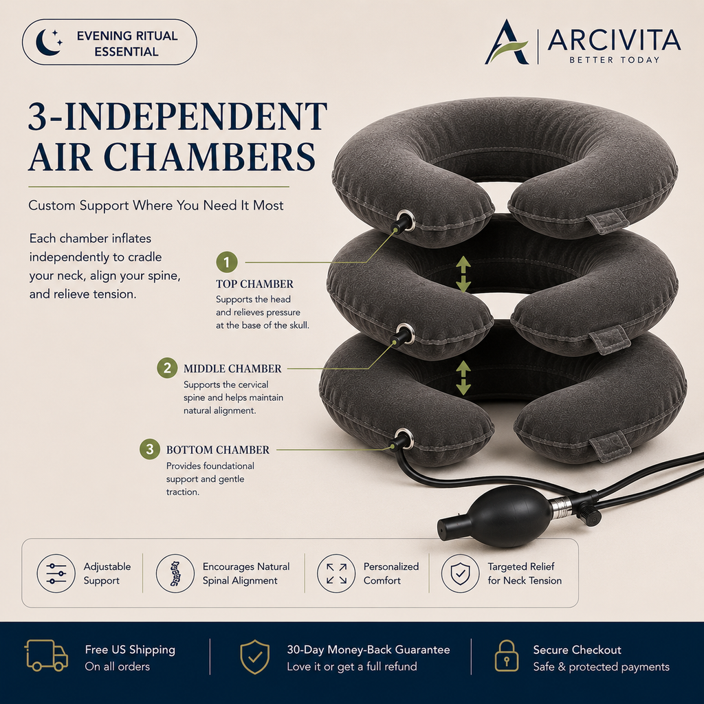 ARCIVITA Cervical Comfort Pillow showing three independent inflatable air chambers for adjustable neck support