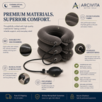 Premium materials of the ARCIVITA Cervical Comfort Pillow including flocked fabric, PVC air chambers, and manual pump