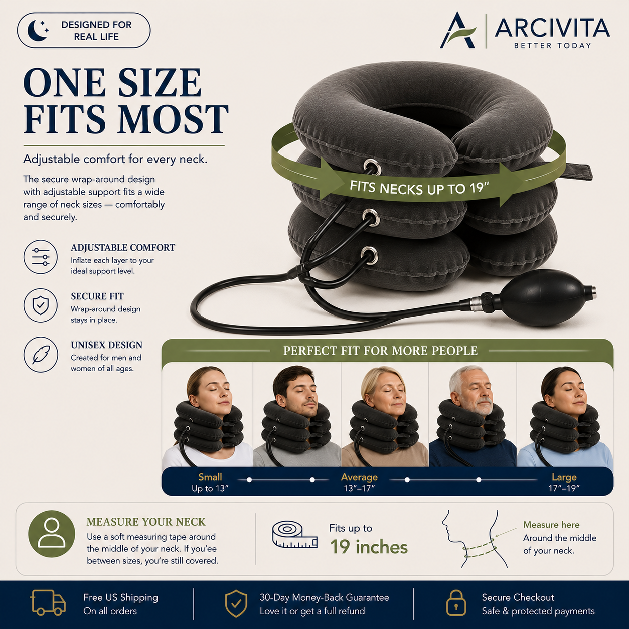 One size fits most inflatable cervical comfort pillow with adjustable support for neck sizes up to 19 inches