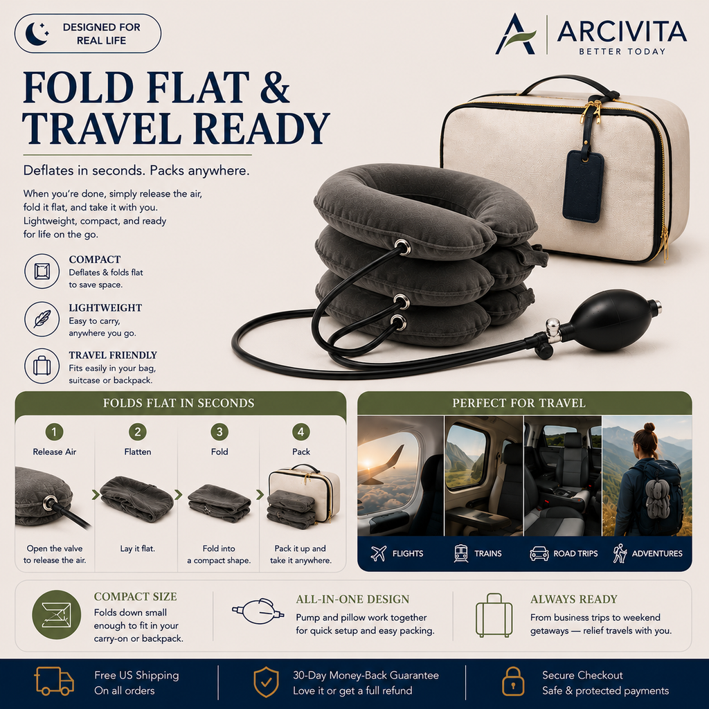 Foldable ARCIVITA Cervical Comfort Pillow packed flat for travel with compact carrying case